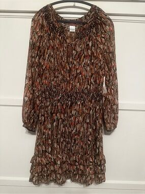 Scully Honey Creek Feather Print Long-Sleeve Dress XL in Rust/Brown Fall Color